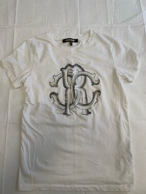 Roberto Cavalli White Tee with Silver Embellished Logo